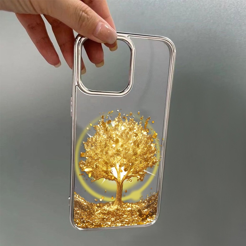 A golden tree patterned phone case designed to protect the phone from falling off Golden Iphone16