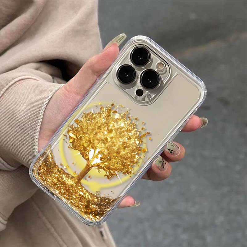 A golden tree patterned phone case designed to protect the phone from falling off Golden Iphone16