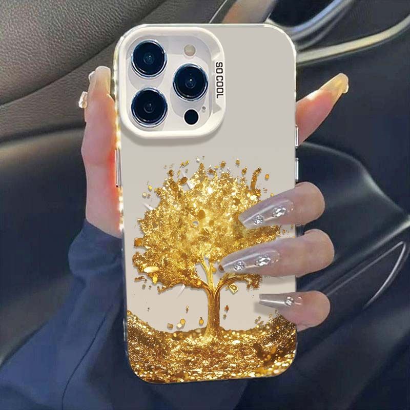 A golden tree patterned phone case designed to protect the phone from falling off Golden Iphone16