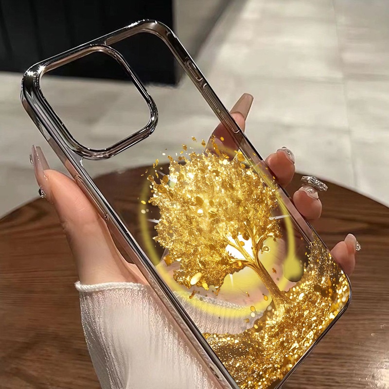 A golden tree patterned phone case designed to protect the phone from falling off Golden Iphone16