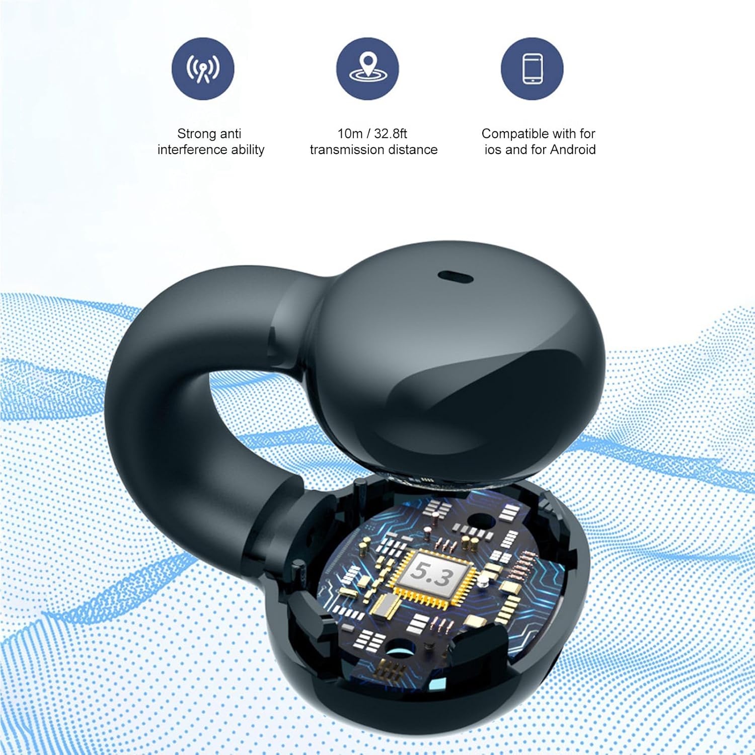 Open Ear Wireless Headset Bluetooth Single Ear Stereo Ear Clip On Earbuds for Sports Business Workout Deep Bass Noise Cancelling Headphone/Bluetooth Earphone Black Regular Size