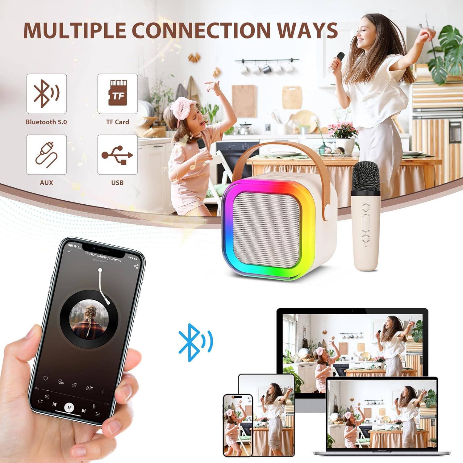Bluetooth Audio K12 Karaoke Machine Portable 5.3 PA Bluetooth Speaker System with 2 Wireless Microphones Home Family Singing Children's Gifts Portable Mini Karaoke Speaker Microphone Beige As Pictur