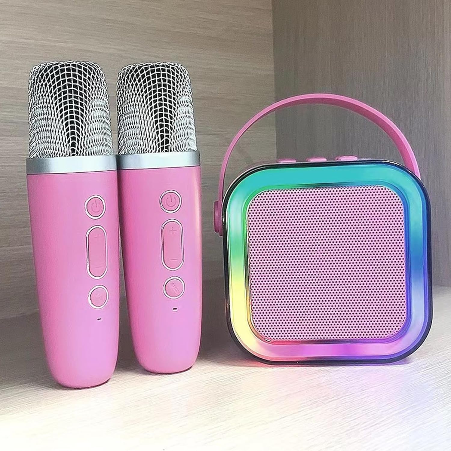 Bluetooth Audio K12 Karaoke Machine Portable 5.3 PA Bluetooth Speaker System with 2 Wireless Microphones Home Family Singing Children's Gifts Portable Mini Karaoke Speaker Microphone Beige As Pictur