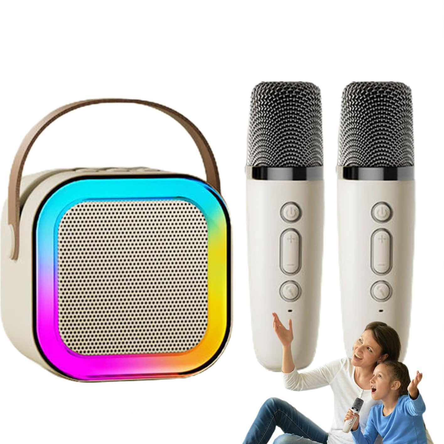 Bluetooth Audio K12 Karaoke Machine Portable 5.3 PA Bluetooth Speaker System with 2 Wireless Microphones Home Family Singing Children's Gifts Portable Mini Karaoke Speaker Microphone Beige As Pictur