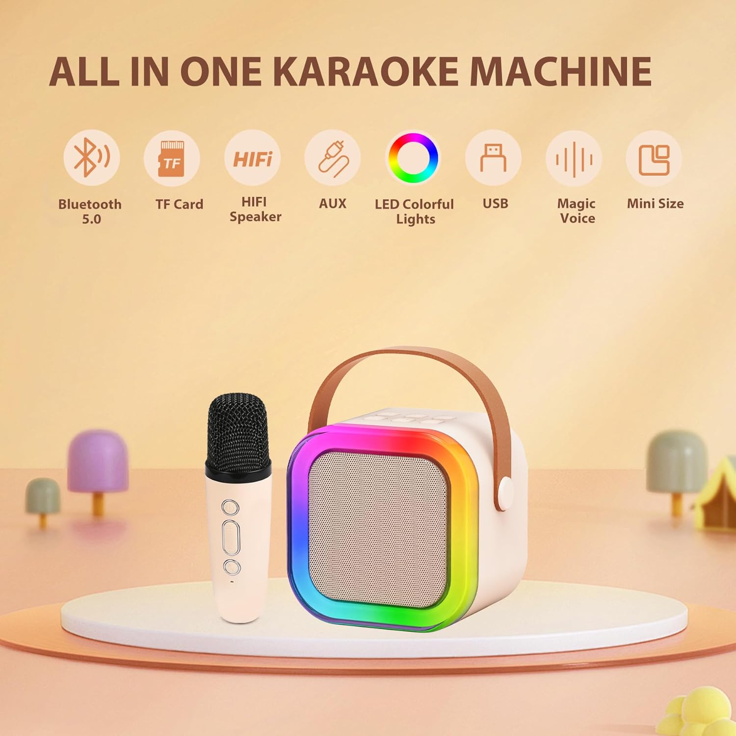 Bluetooth Audio K12 Karaoke Machine Portable 5.3 PA Bluetooth Speaker System with 2 Wireless Microphones Home Family Singing Children's Gifts Portable Mini Karaoke Speaker Microphone Beige As Pictur