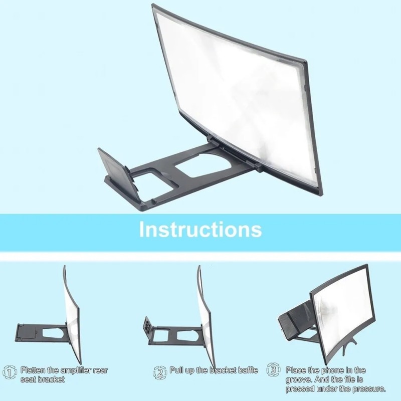 12inch Mobile Phone Curved Screen Amplifier HD 3D Video Mobile Phone Magnifying Glass Stand Bracket Phone Foldable Holder Black 12 inch