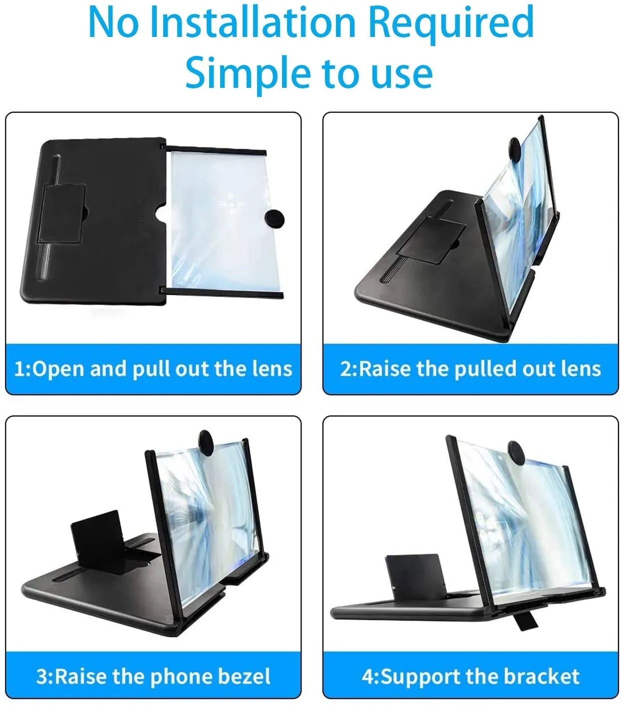 12inch Mobile Phone Curved Screen Amplifier HD 3D Video Mobile Phone Magnifying Glass Stand Bracket Phone Foldable Holder Black 12 inch