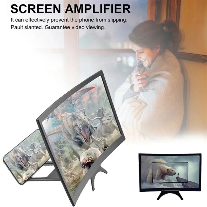 12inch Mobile Phone Curved Screen Amplifier HD 3D Video Mobile Phone Magnifying Glass Stand Bracket Phone Foldable Holder Black 12 inch