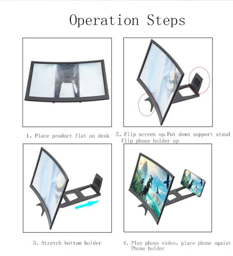 12inch Mobile Phone Curved Screen Amplifier HD 3D Video Mobile Phone Magnifying Glass Stand Bracket Phone Foldable Holder Black 12 inch