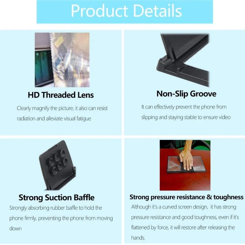 12inch Mobile Phone Curved Screen Amplifier HD 3D Video Mobile Phone Magnifying Glass Stand Bracket Phone Foldable Holder Black 12 inch
