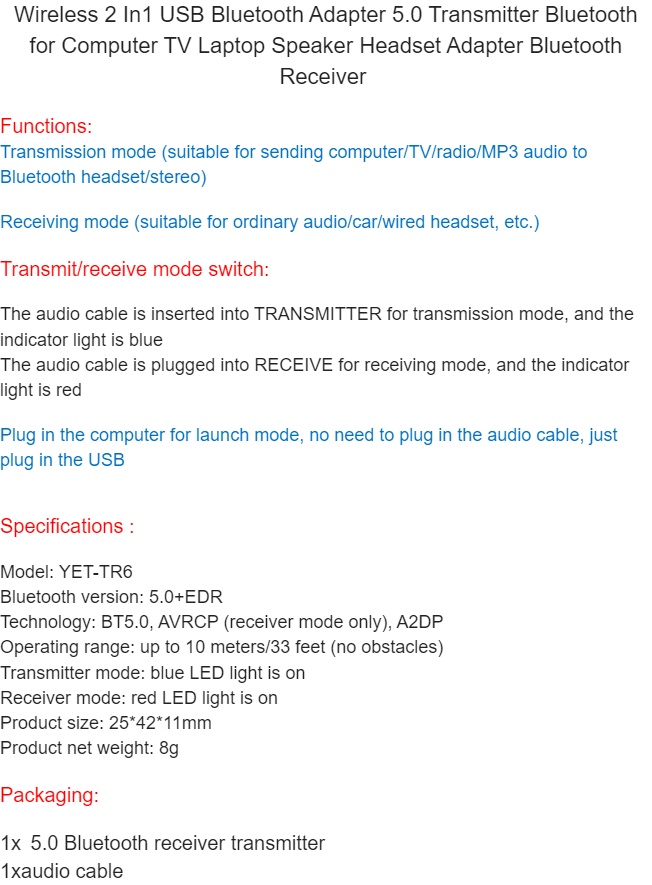 2 In1 USB Wireless Bluetooth Adapter 5.0 Transmitter Bluetooth for Computer TV Laptop Speaker Headset Adapter Bluetooth Receiver USB Music Dongle Adapter For Car Speaker PC AS Picture one size