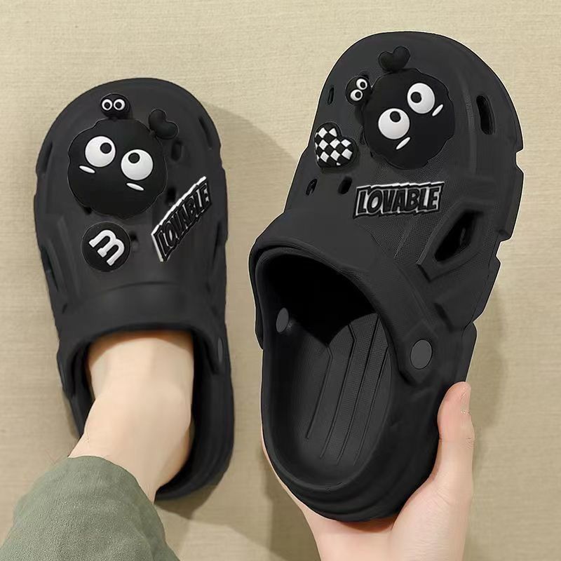 Cave shoes for men in summer, anti slip thick sole, 2024 new cartoon Baotou beach slippers for women, nurse style Black 36-37