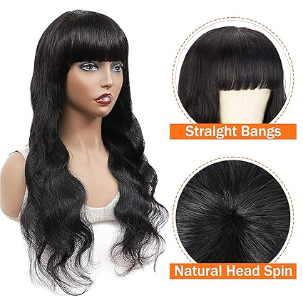 Body Wave Wigs with Bangs Human Hair Wigs for Black Women None Lace Front Wigs 150% Density Brazilian Virgin Hair Glueless Machine Made Wig Natural Color black 20inch