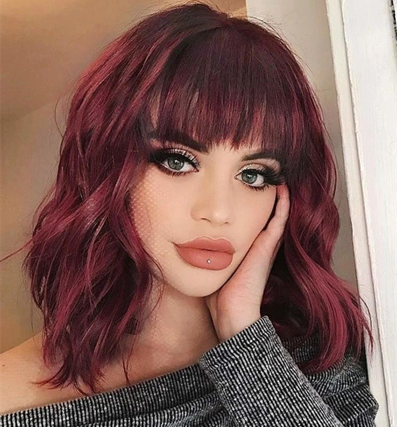 Curly Bob Wig with Bangs Short Wavy Wigs for Women Bob Style Synthetic Heat Resistant Bob Wigs Wine red All one