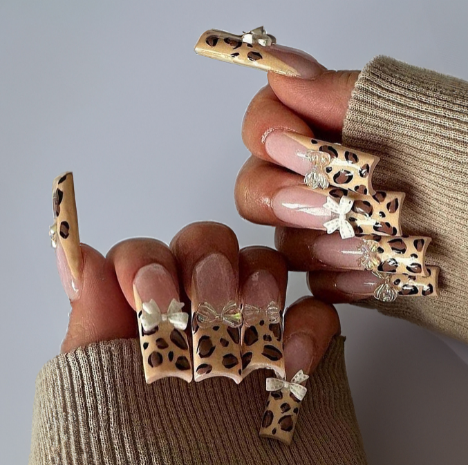 24pcs/Set Fashion Women Leopard Bow False Press on Nails Leopard 24/Pcs