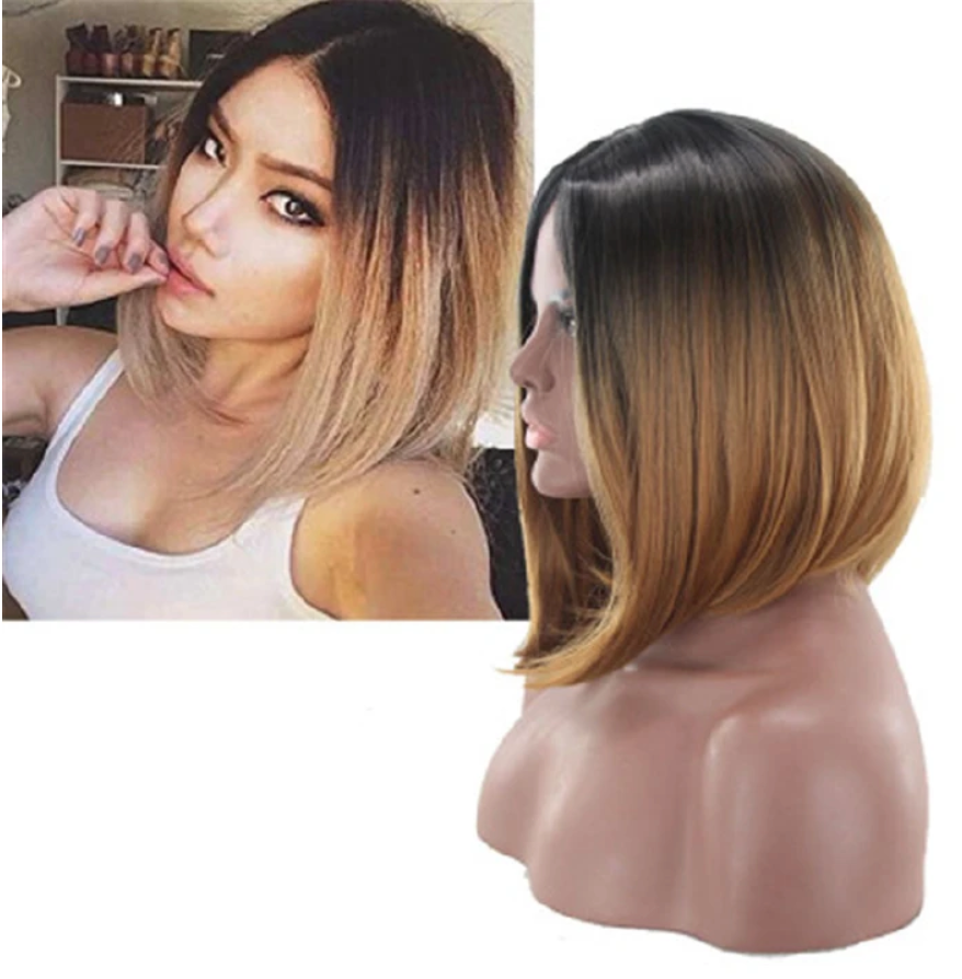 FBK Women Ombre Bob Short Straight Hair Black Brown Synthetic Wigs Ladies Gift as picture One size