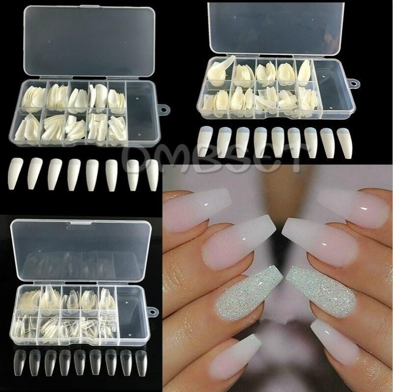 Ballerina Coffin Nail Tips Artificial False Fake Nails DIY Salon With Box Transparent color