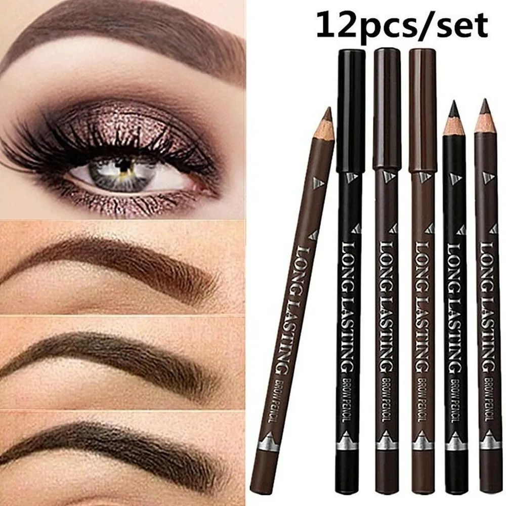 12 Pcs/Set Waterproof Eye Brow Pencil Precise Brow Definer Black Blonde Brown Eyebrow Pen Long Lasting Makeup 3 Colors Cosmetic 01#Black 12pcs/set