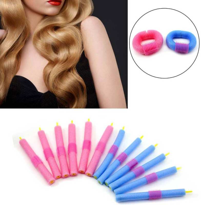 12Pcs Soft Foam Curlers Makers Bendy Twist Curls Tool DIY Styling Hair Roller Pink and blue 12pcs