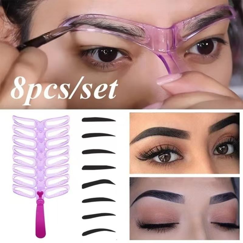 8 In 1 Reusable Eyebrow Stencil Beauty Makeup Brow Stamp Template Eyebrows Shape Set Eye Brow Makeup Tools Purple 8pcs/set
