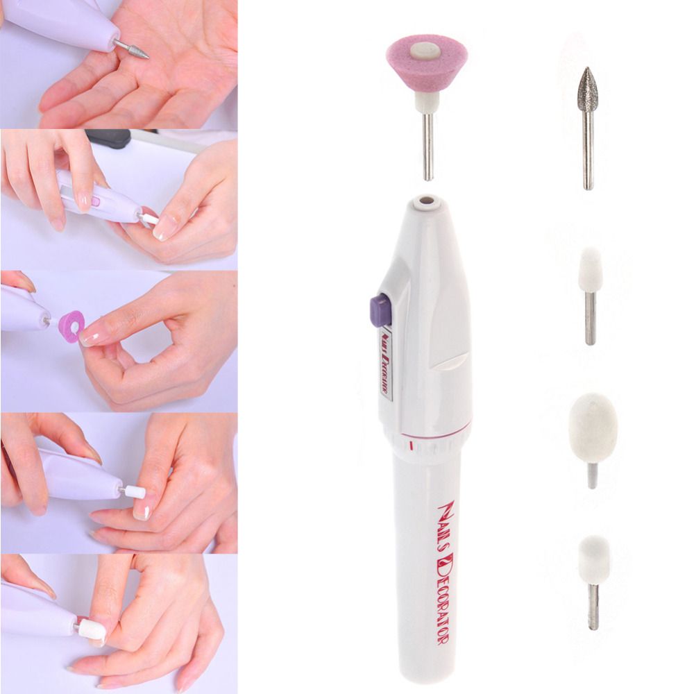 5bits/Set Nail Care Electric Grooming Machine Gel Tip Pedicure Kits Automatic Manicure Polish Nail Art Drill Salon Pen Tools White One size