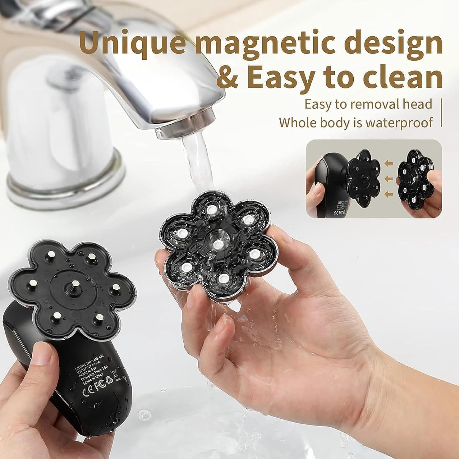 Detachable Head Shavers, 5 in 1 Electric Razor IPX7 Waterproof for Bald Men, Wet Dry LED Display Rechargeable 7D Rotary Shaver Grooming Kit with Type C Charge A black Multifunctional accessories