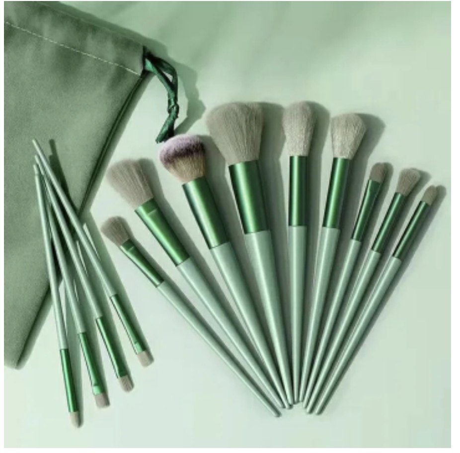 13Pcs Makeup Brushes Set Foundation Powder Eyeshadow Concealer Blending Makeup brush set Beauty Tool with Bag New Arrival Green 13Pcs with velvet bag [分类版本2]