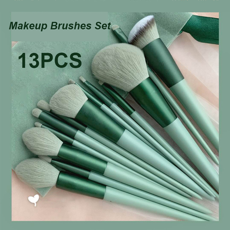 13Pcs Makeup Brushes Set Foundation Powder Eyeshadow Concealer Blending Makeup brush set Beauty Tool with Bag New Arrival Green 13Pcs with velvet bag [分类版本2]
