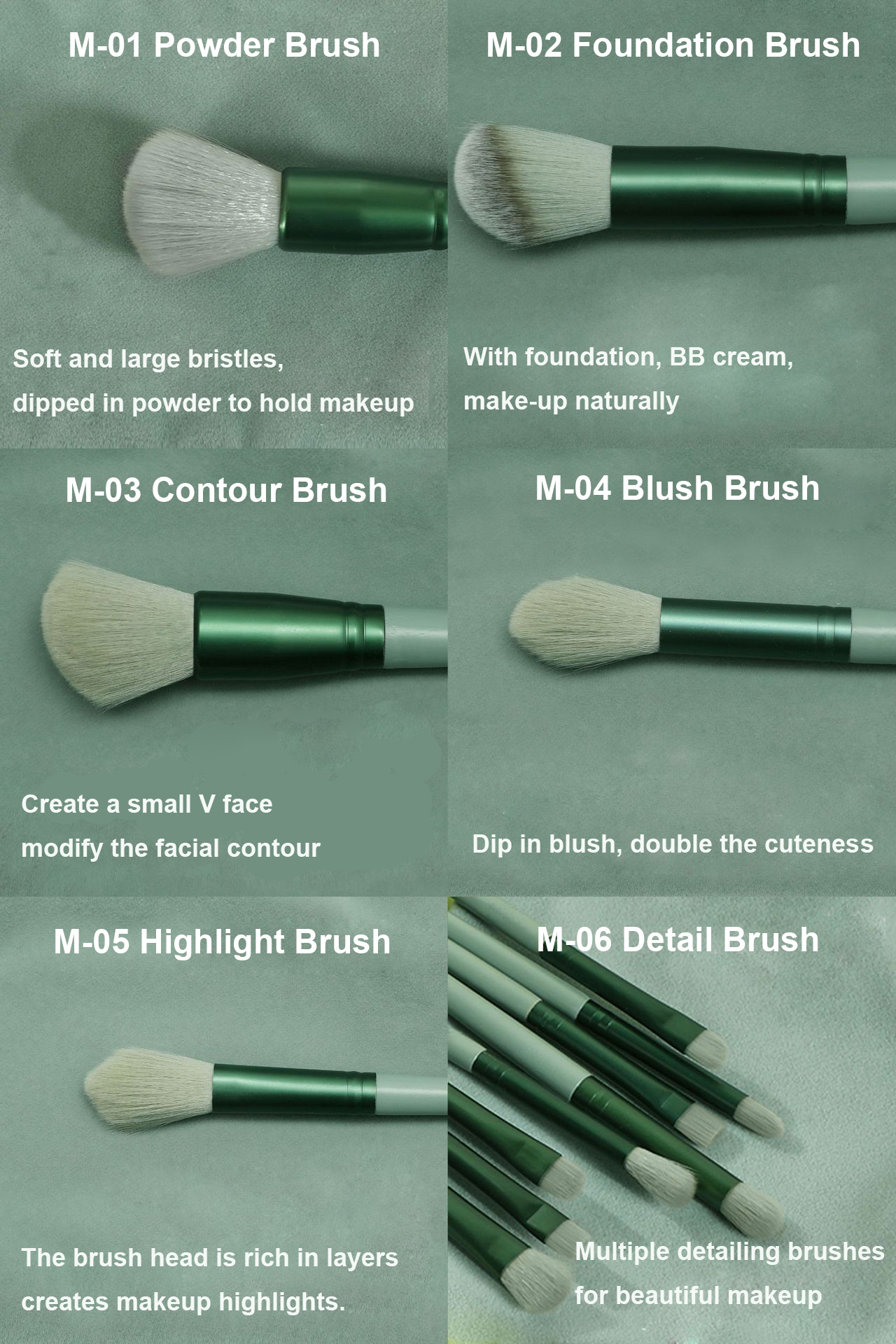 13Pcs Makeup Brushes Set Foundation Powder Eyeshadow Concealer Blending Makeup brush set Beauty Tool with Bag New Arrival Green 13Pcs with velvet bag [分类版本2]