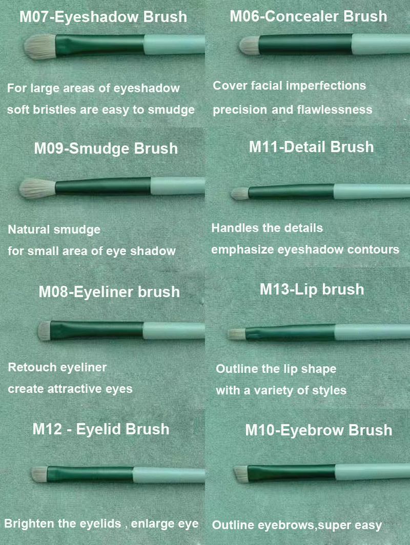 13Pcs Makeup Brushes Set Foundation Powder Eyeshadow Concealer Blending Makeup brush set Beauty Tool with Bag New Arrival Green 13Pcs with velvet bag [分类版本2]