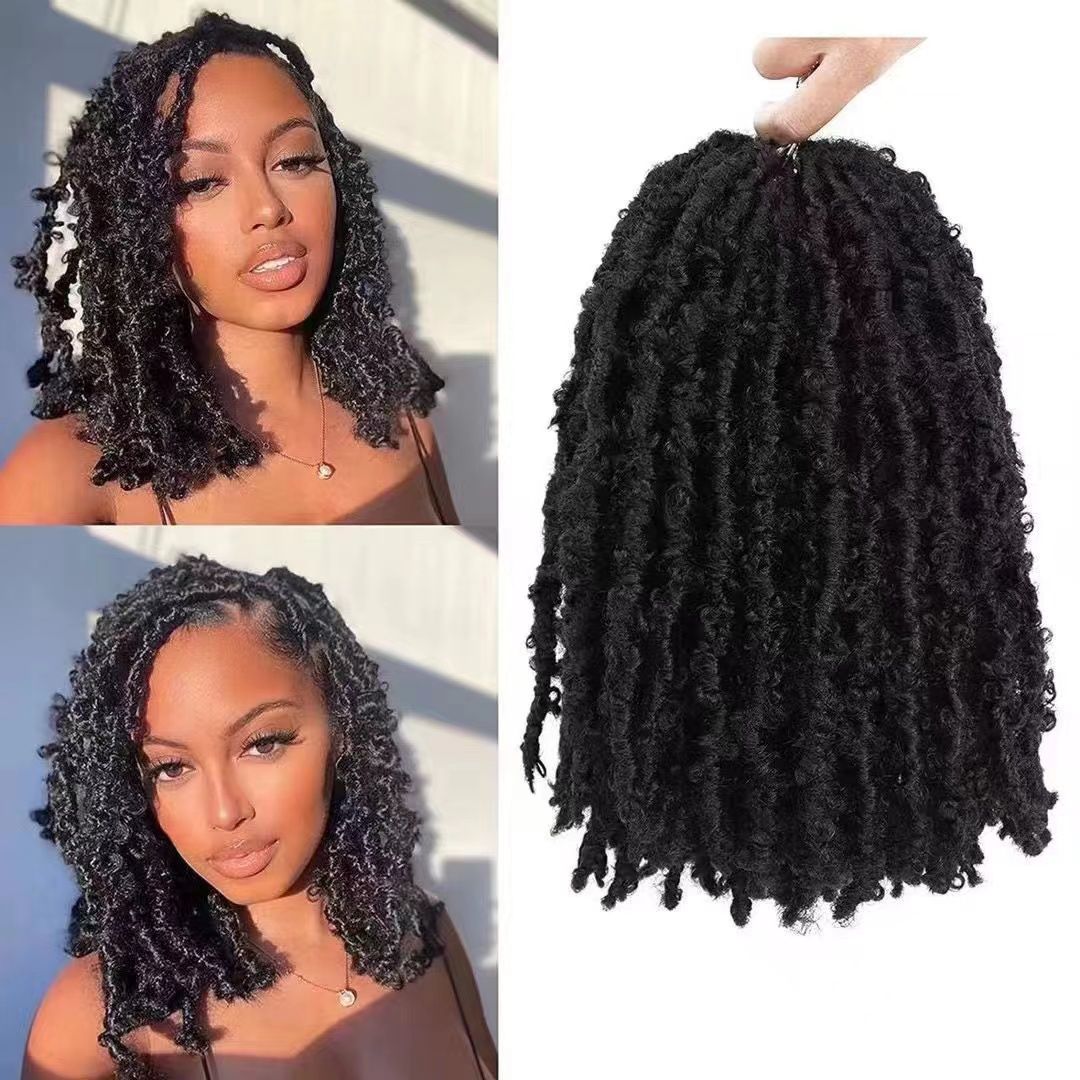 European and American wig Butterfly Locs Crochet Braids Hair 24inch butterfly curly wig color 1 long [分类版本2]