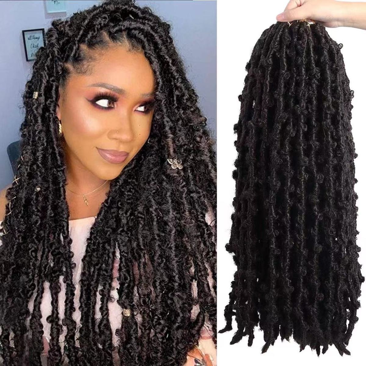 European and American wig Butterfly Locs Crochet Braids Hair 24inch butterfly curly wig color 1 long [分类版本3]