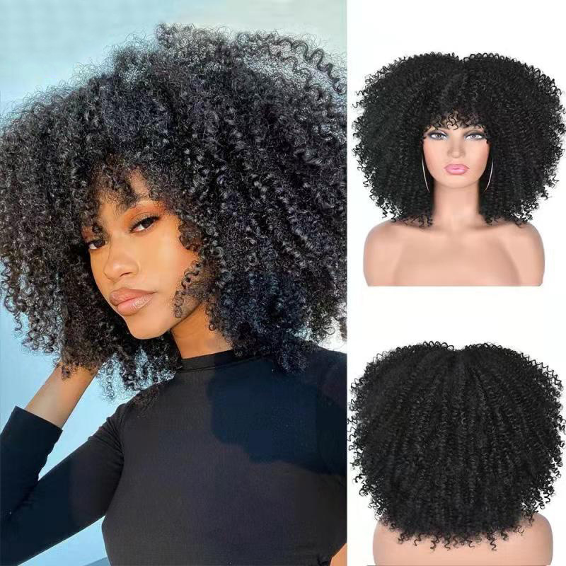 Micro roll European and American explosive head wig headband African small roll fluffy short curly hair Kinky high temperature silk black 14 inch [分类版本1]