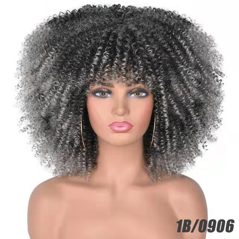 Micro roll European and American explosive head wig headband African small roll fluffy short curly hair Kinky high temperature silk black 14 inch [分类版本1]