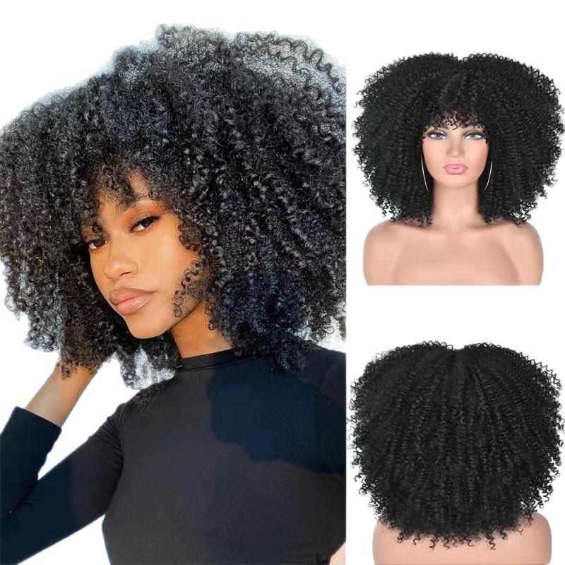 Micro roll European and American explosive head wig headband African small roll fluffy short curly hair Kinky high temperature silk black 14 inch [分类版本1]