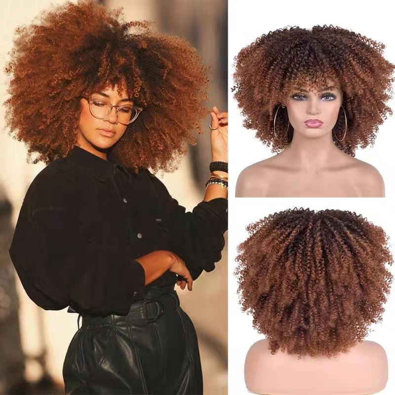 Micro roll European and American explosive head wig headband African small roll fluffy short curly hair Kinky high temperature silk black 14 inch [分类版本1]