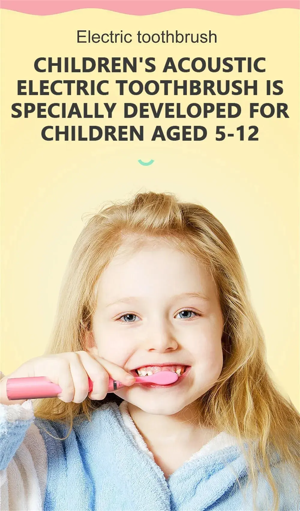 Colorful Cute Cartoon Design Ultrasonic Electric Toothbrush Slim Smart Kids Electric Toothbrush With Replacement Heads Pink With 6 head [分类版本1]