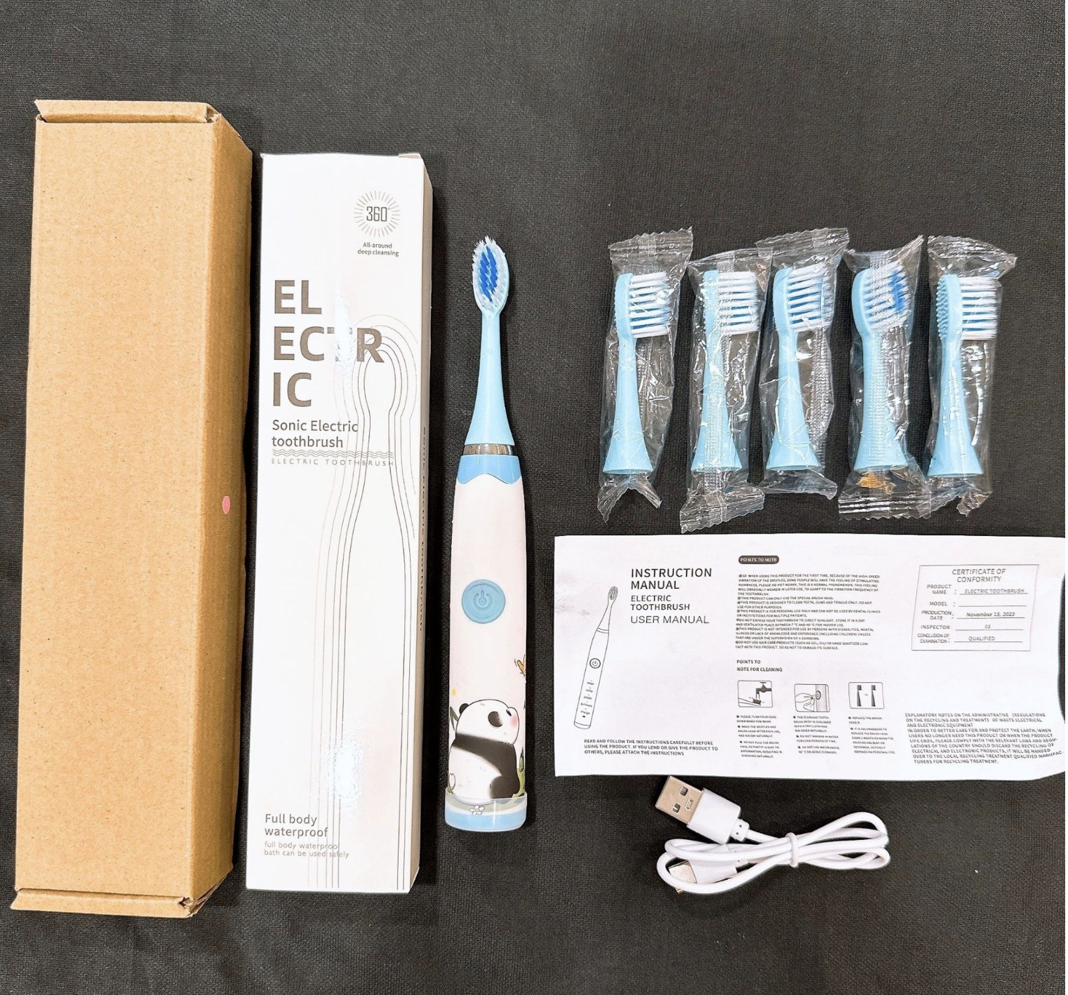 Colorful Cute Cartoon Design Ultrasonic Electric Toothbrush Slim Smart Kids Electric Toothbrush With Replacement Heads Pink With 6 head [分类版本2]