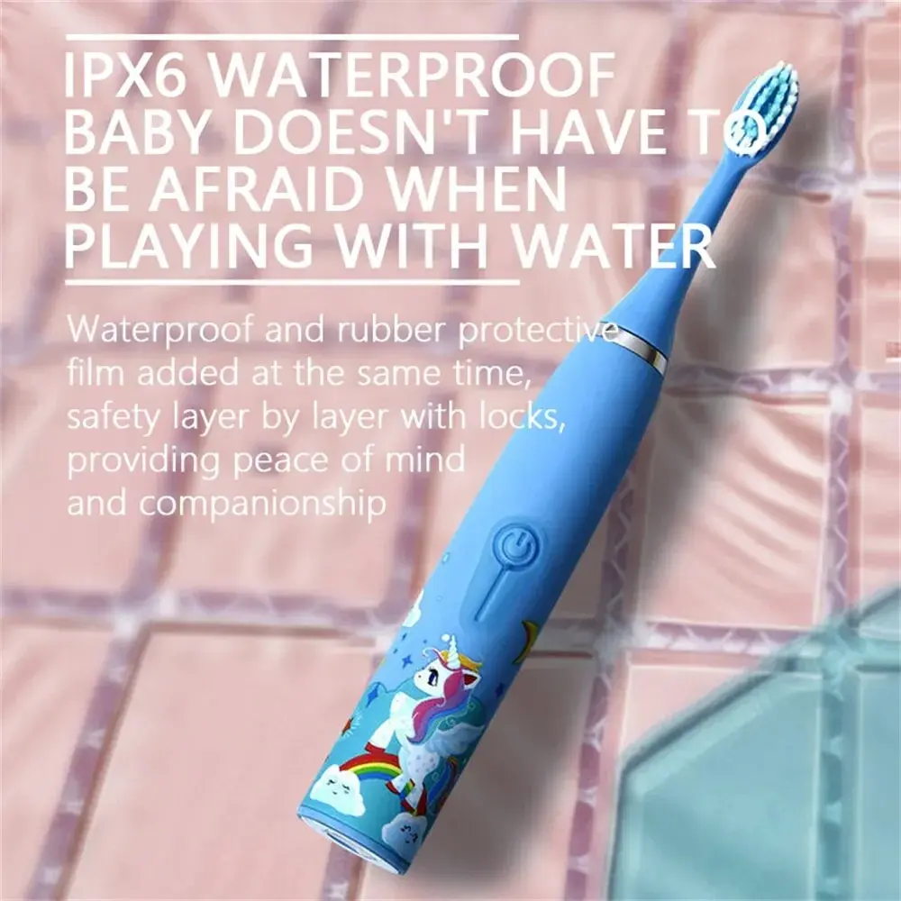 Colorful Cute Cartoon Design Ultrasonic Electric Toothbrush Slim Smart Kids Electric Toothbrush With Replacement Heads Pink With 6 head [分类版本2]