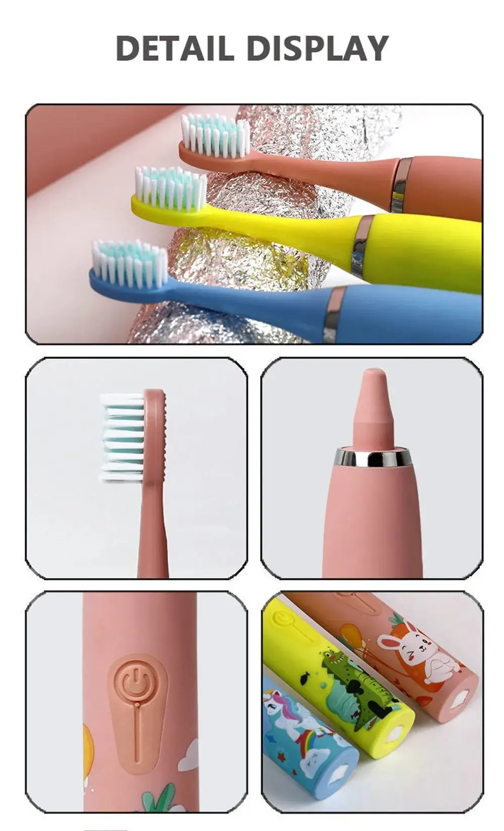 Colorful Cute Cartoon Design Ultrasonic Electric Toothbrush Slim Smart Kids Electric Toothbrush With Replacement Heads Pink With 6 head [分类版本2]
