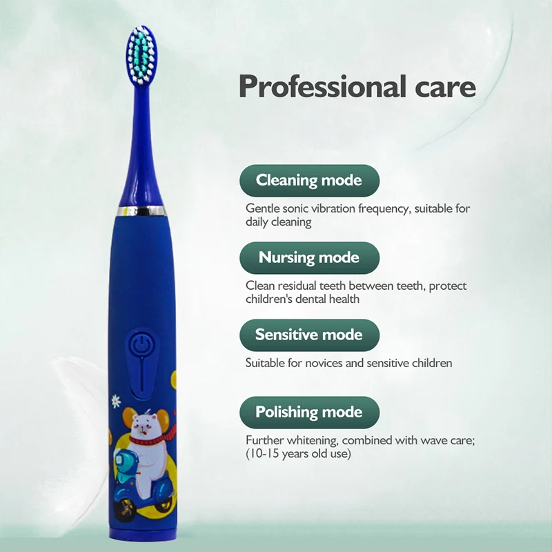 Colorful Cute Cartoon Design Ultrasonic Electric Toothbrush Slim Smart Kids Electric Toothbrush With Replacement Heads Pink With 6 head [分类版本2]