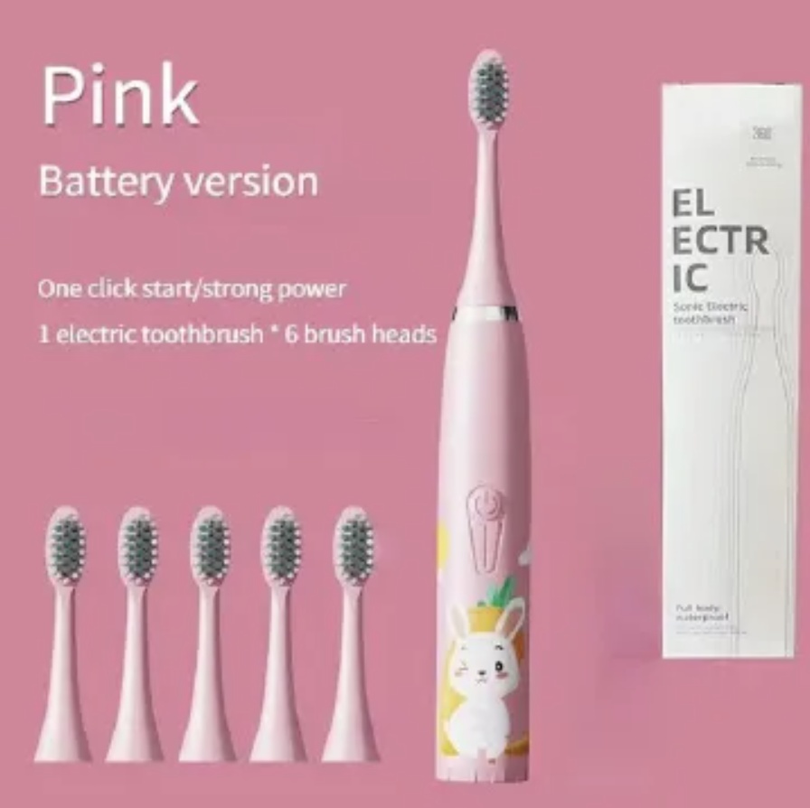 Colorful Cute Cartoon Design Ultrasonic Electric Toothbrush Slim Smart Kids Electric Toothbrush With Replacement Heads Pink With 6 head [分类版本3]