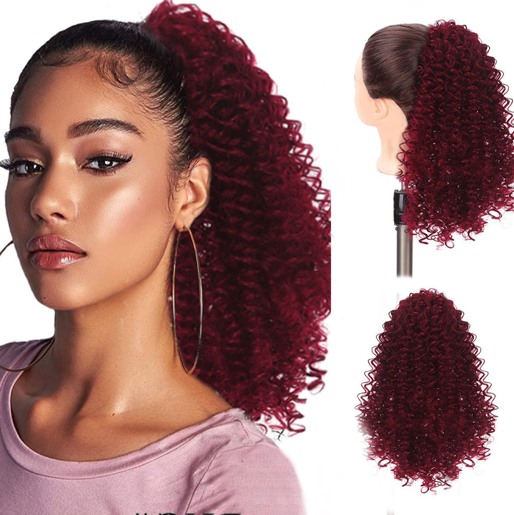 Western-style ponytail wig for women in the export market, with drawstring small curls, made of synthetic fiber, suitable for high-temperature styling 1B as picture [分类版本1]