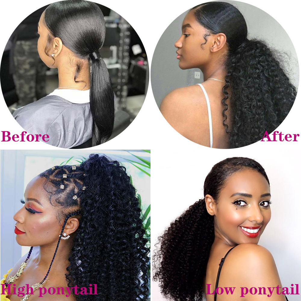 Western-style ponytail wig for women in the export market, with drawstring small curls, made of synthetic fiber, suitable for high-temperature styling 1B as picture [分类版本1]