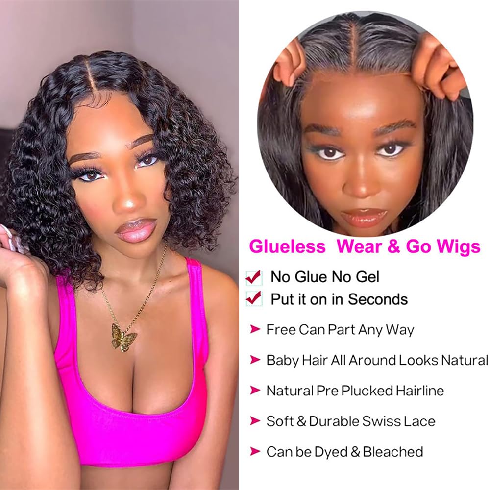 Pre Plucked Deep Wave Bob Wig Lace Front Wigs for Beginners Upgraded No Glue Pre Cut 4x4 Lace Closure Glueless Wigs for Black Women 12 Inch Black as picture [分类版本3]
