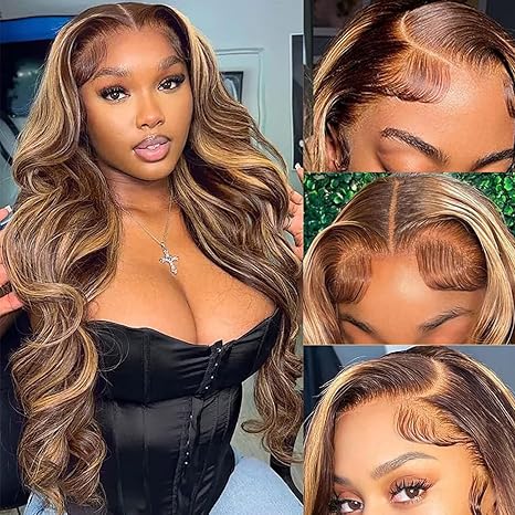 Highlight Ombre 33.02 x 15.24 cm Front Lace Wig Real Hair 71.12cm Body Wave Honey Blonde No Glue HD Clear Lace Forehead Wig Women's 180 Density Real Hair Pre-Pulled Baby Hair color 1