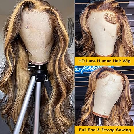 Highlight Ombre 33.02 x 15.24 cm Front Lace Wig Real Hair 71.12cm Body Wave Honey Blonde No Glue HD Clear Lace Forehead Wig Women's 180 Density Real Hair Pre-Pulled Baby Hair color 1