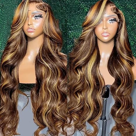 Highlight Ombre 33.02 x 15.24 cm Front Lace Wig Real Hair 71.12cm Body Wave Honey Blonde No Glue HD Clear Lace Forehead Wig Women's 180 Density Real Hair Pre-Pulled Baby Hair color 1