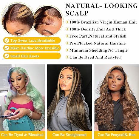 Highlight Ombre 33.02 x 15.24 cm Front Lace Wig Real Hair 71.12cm Body Wave Honey Blonde No Glue HD Clear Lace Forehead Wig Women's 180 Density Real Hair Pre-Pulled Baby Hair color 1