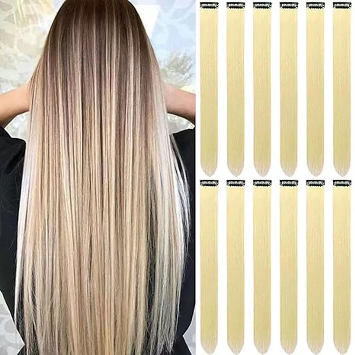 12  Colored Hair Extensions 20Inch Straight Color Clip in on Hair Extension Rainbow Party Highlights Synthetic Hairpiece for Girls (37colors) color 1 long [分类版本1]